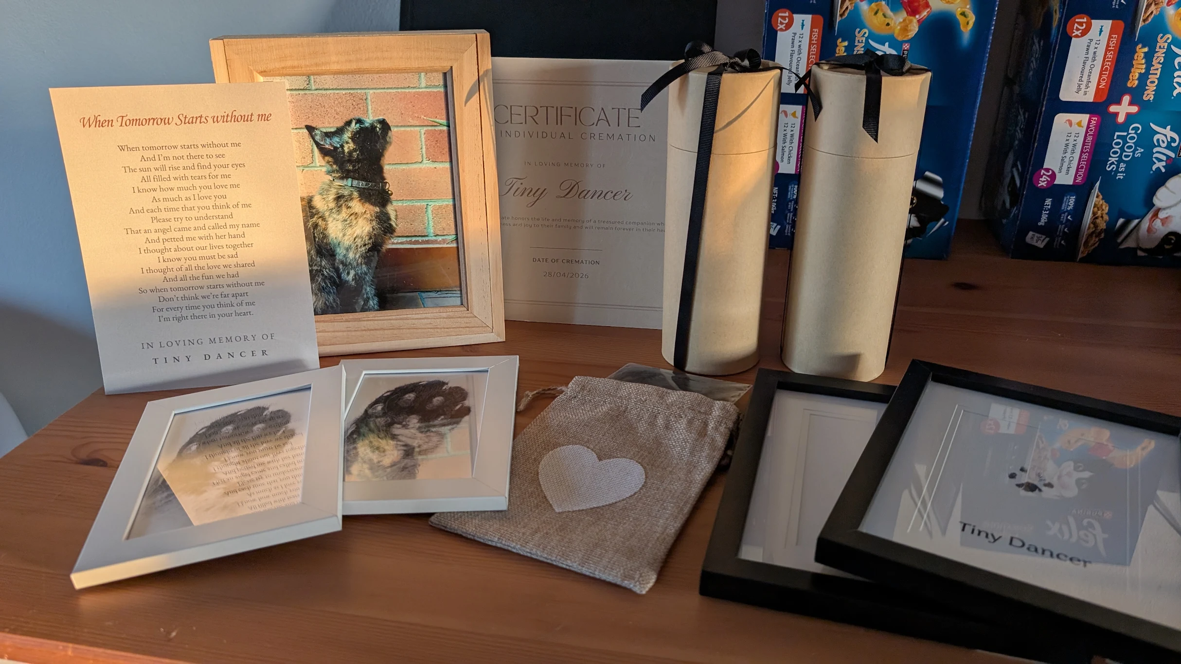 Tiny Dancer's memorial keepsakes including urns, paw prints and framed photos