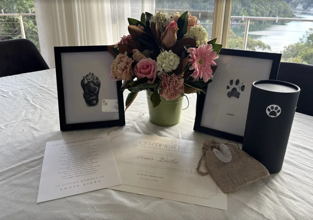 Louis's memorial table with flowers, framed paw prints, urn and certificate