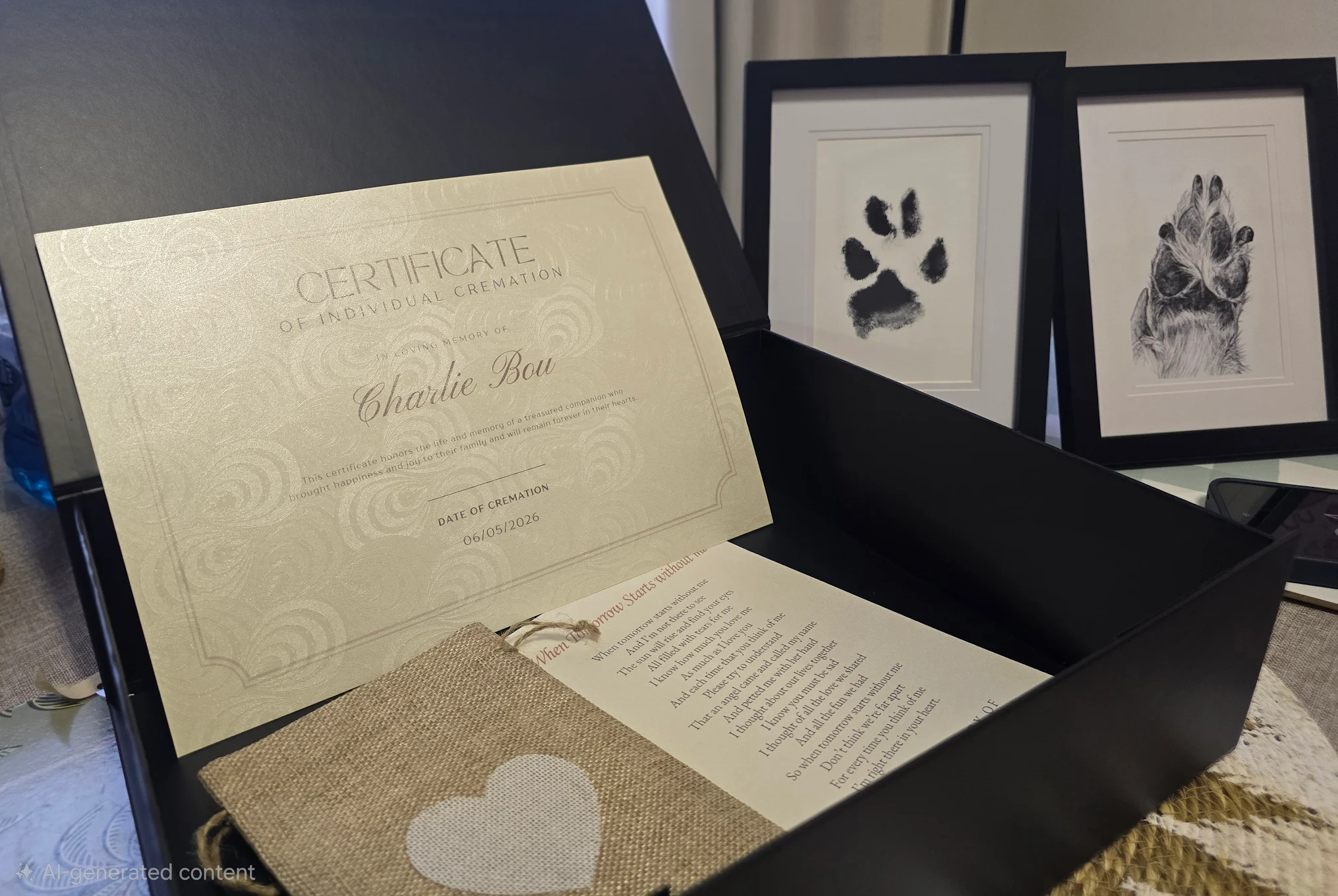Charlie's certificate of individual cremation with paw prints and memorial keepsakes