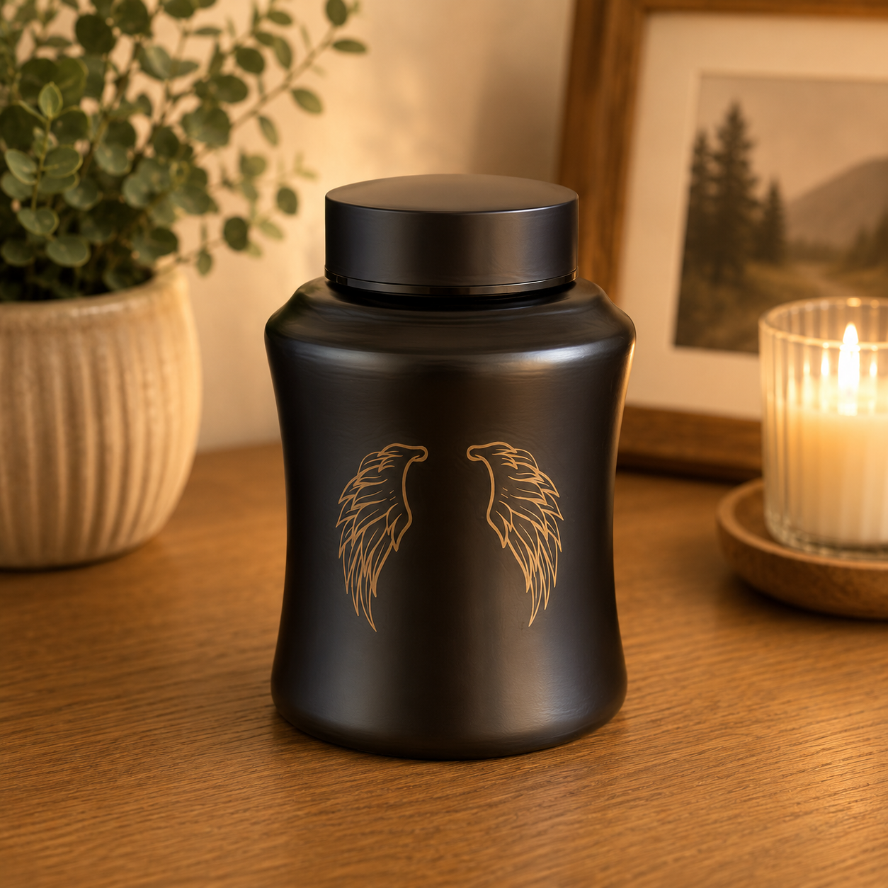 Matte Black Angel Wings Urn