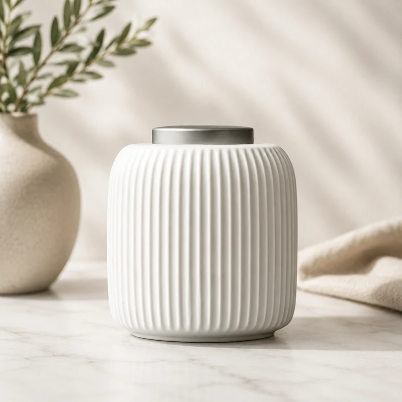 Fluted Ceramic Urn in White