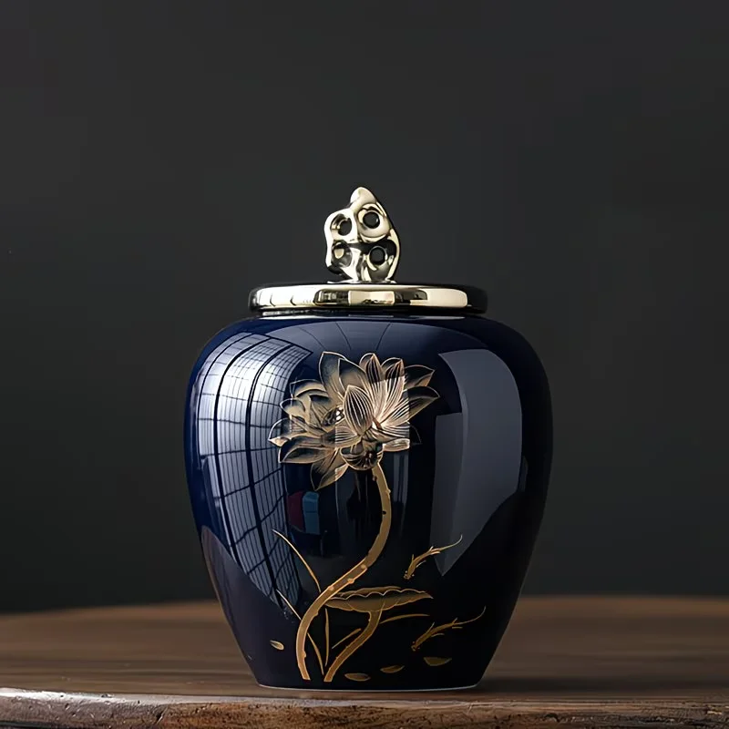 Golden Flower Ceramic Urn – Navy